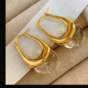 Elegant Stainless Steel Gold and Clear Glass Teardrop Earrings